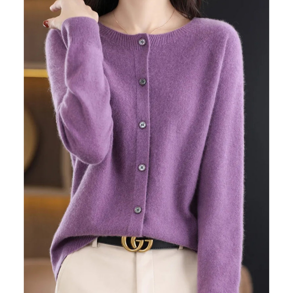 Women's Round-Neck Cardigan with Long Sleeves and Buttons