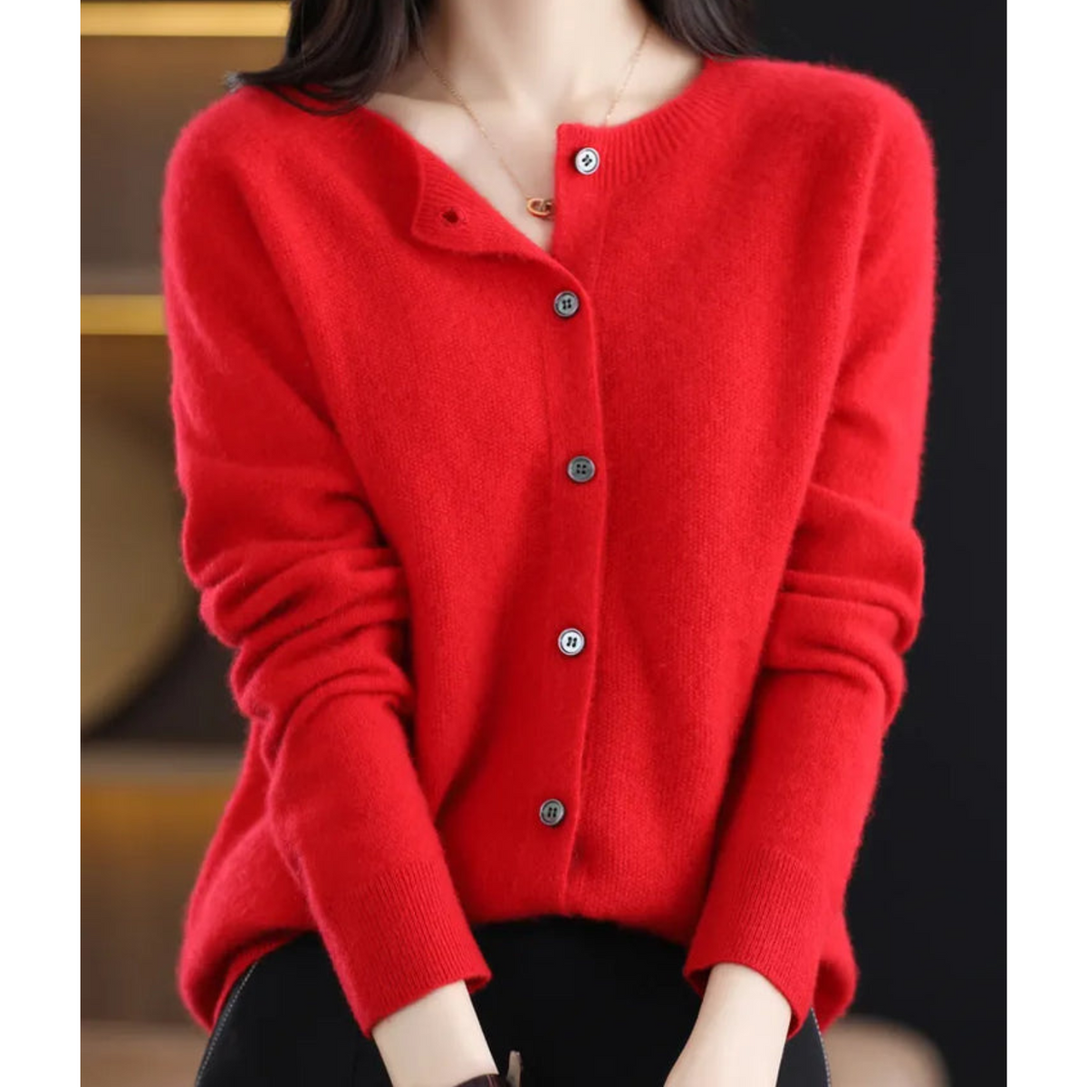 Women's Round-Neck Cardigan with Long Sleeves and Buttons