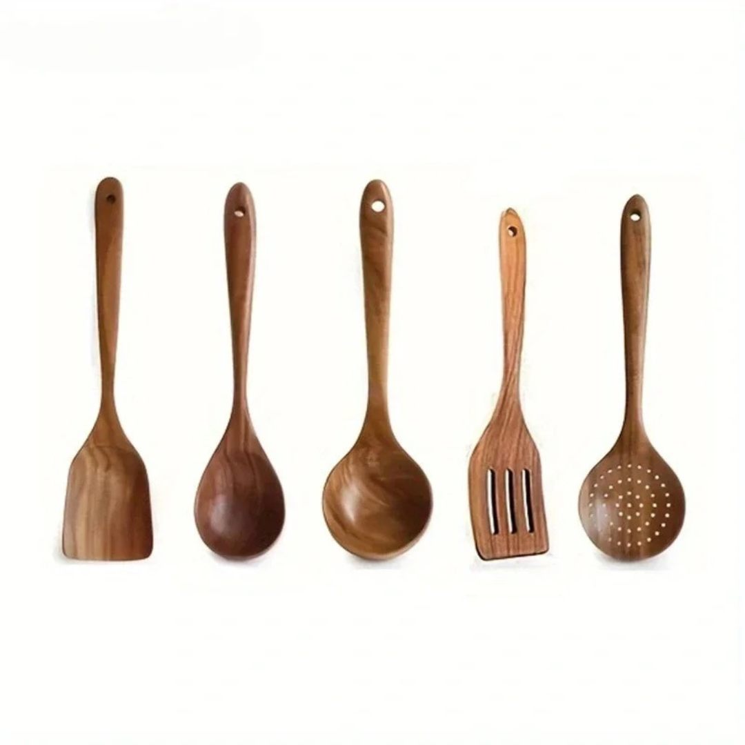 5-Piece Walnut Wooden Kitchen Utensil Set with Rustic Design