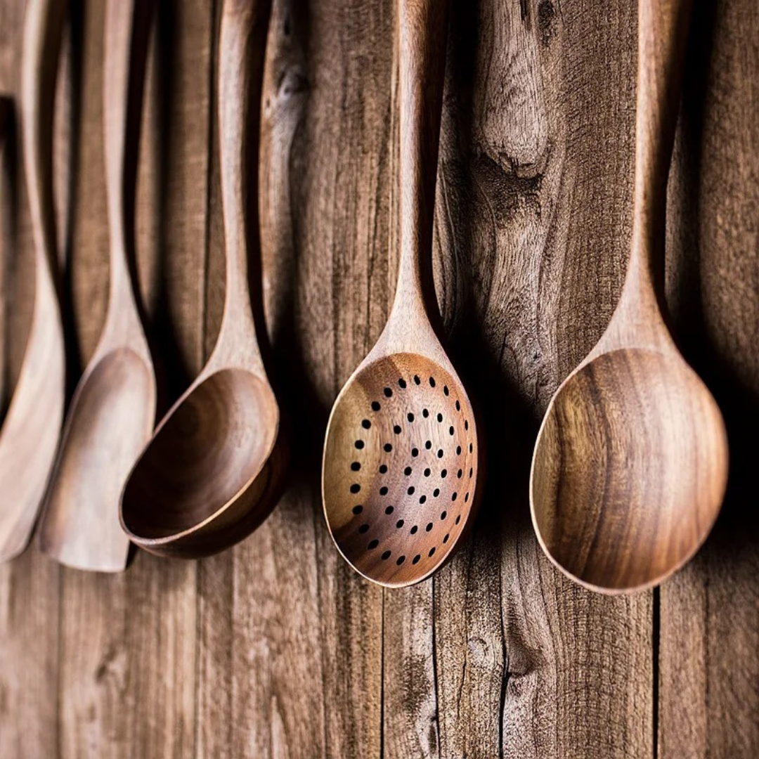 5-Piece Walnut Wooden Kitchen Utensil Set with Rustic Design