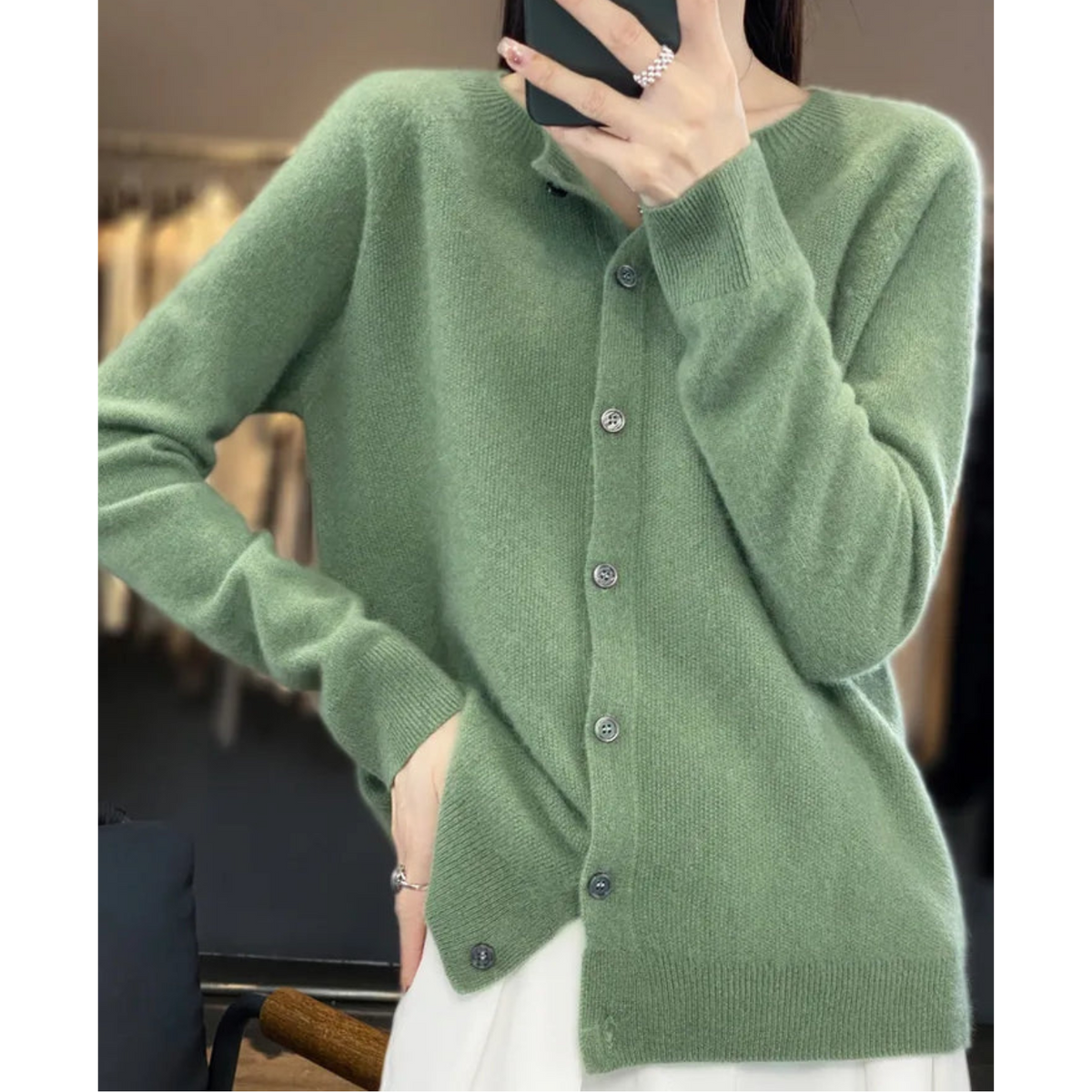 Women's Round-Neck Cardigan with Long Sleeves and Buttons