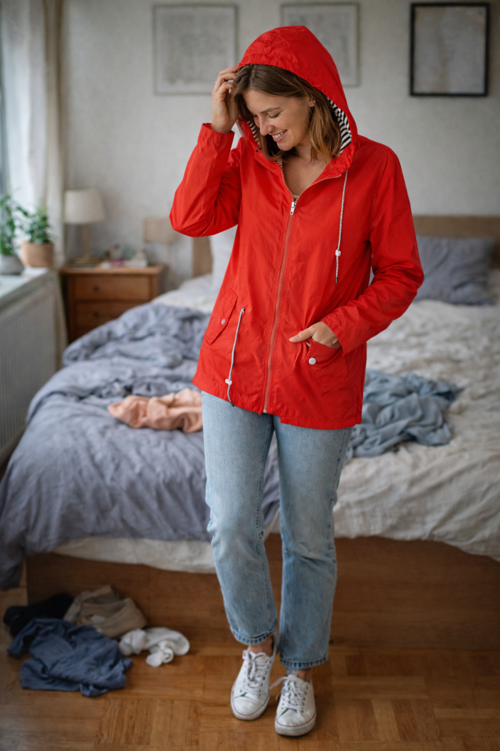 Women's Long Lightweight Rain Jacket with Hood and Drawstring