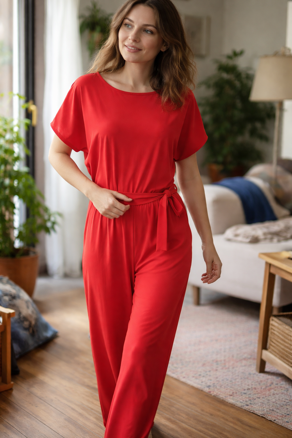 Women's Wide Leg Jumpsuit with Short Sleeves and Tie Belt