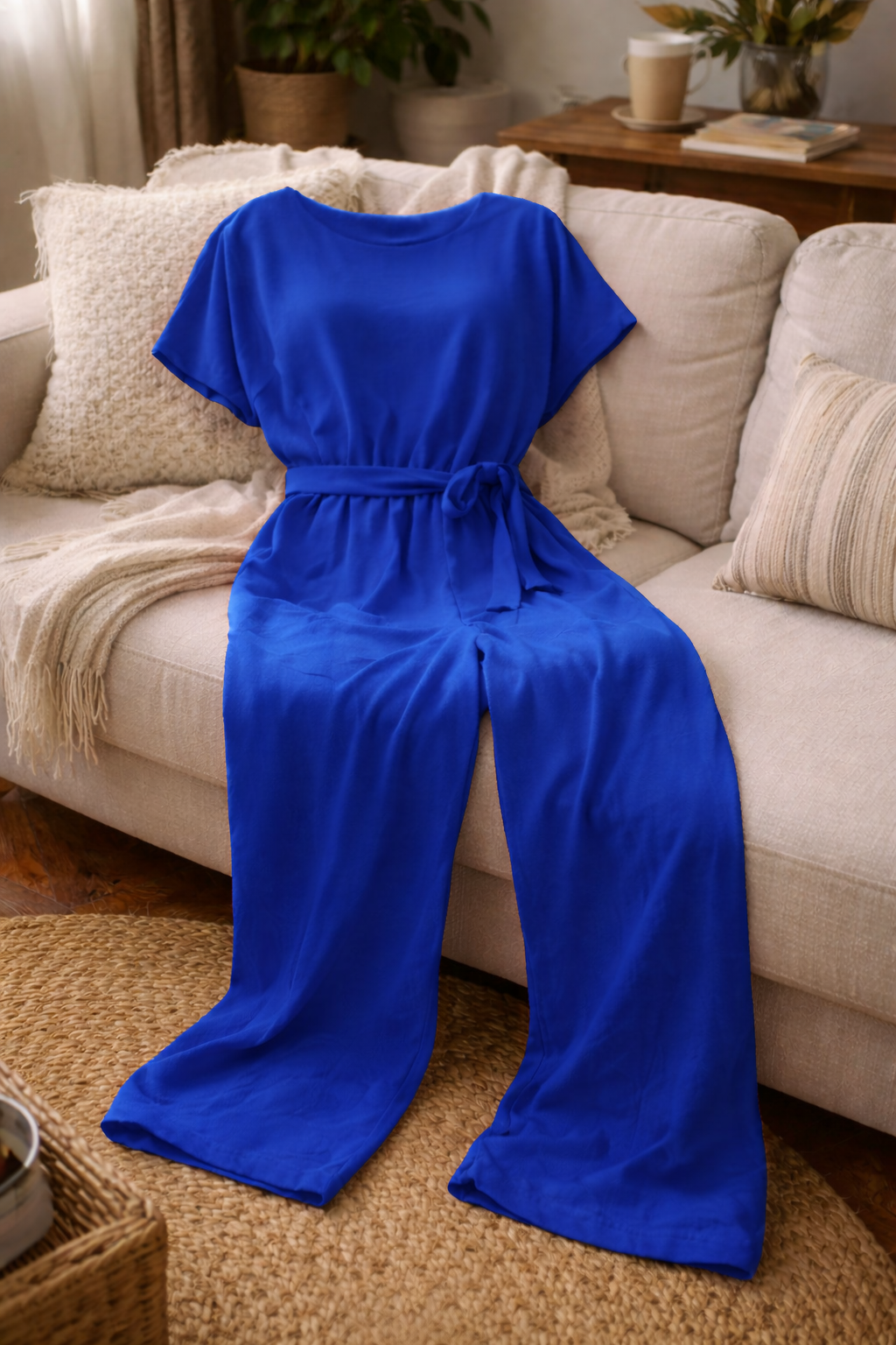 Women's Wide Leg Jumpsuit with Short Sleeves and Tie Belt