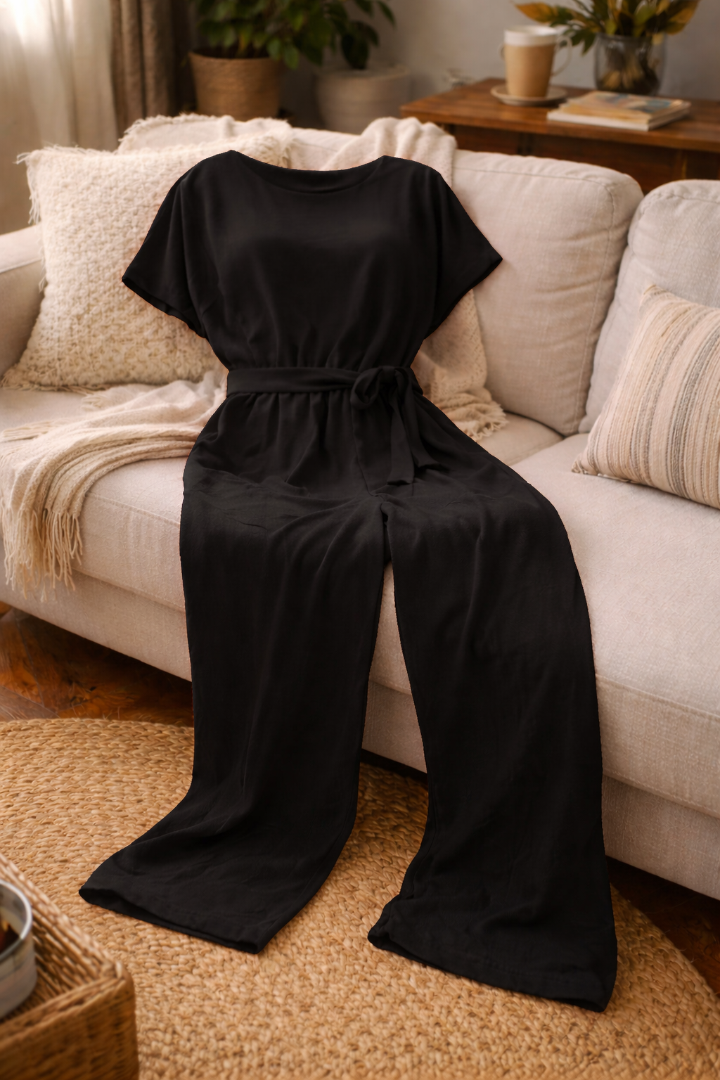 Women's Wide Leg Jumpsuit with Short Sleeves and Tie Belt