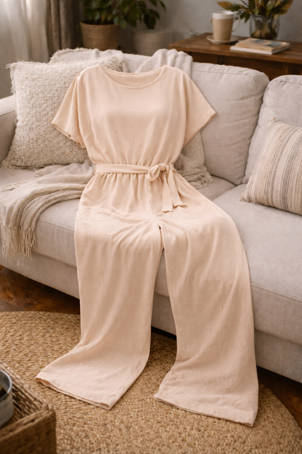 Women's Wide Leg Jumpsuit with Short Sleeves and Tie Belt