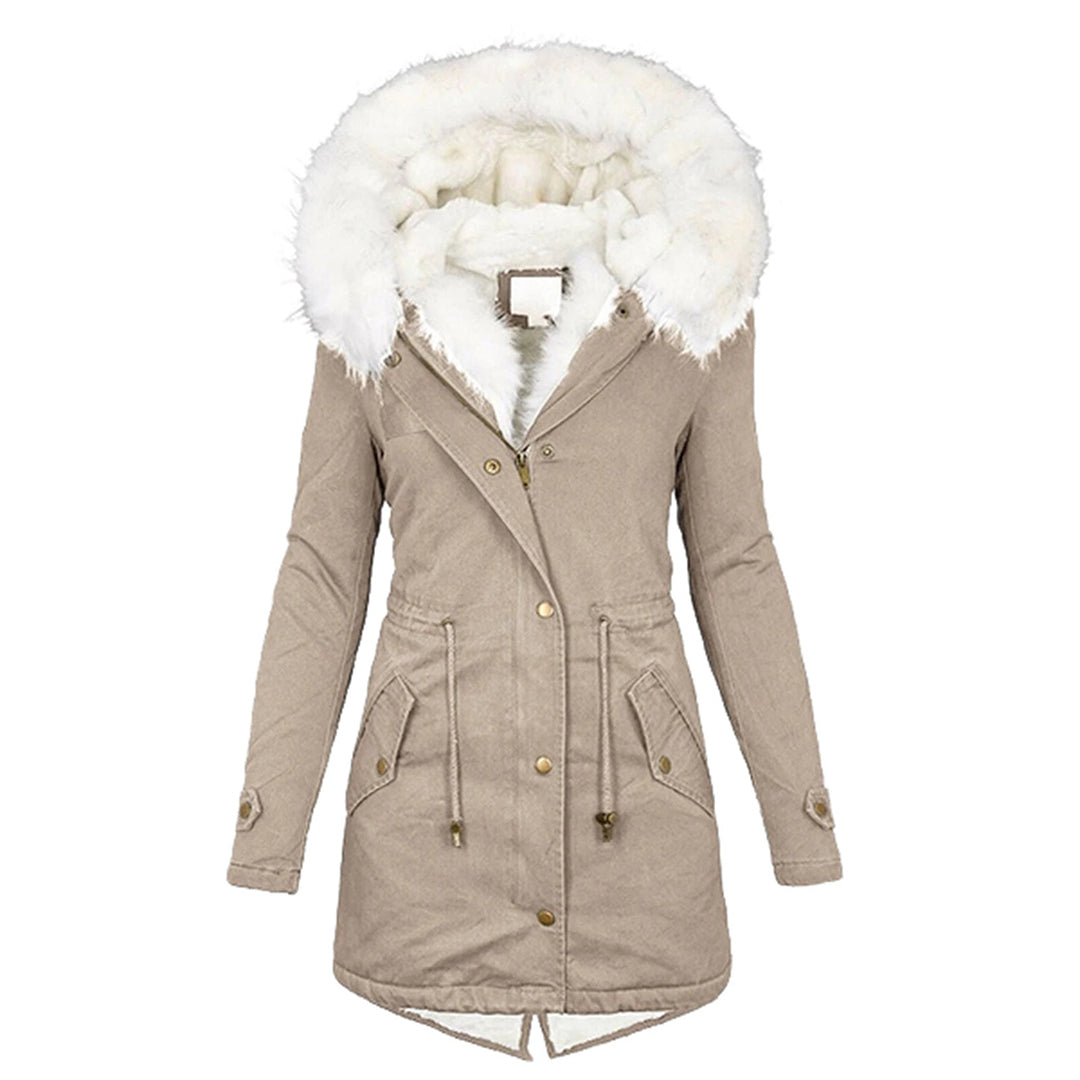 Women's Hooded Winter Jacket with Fleece Lining and Button Detail