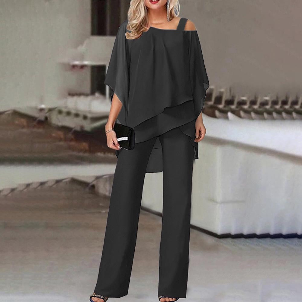 Women's Elegant Two-Piece Set with Cold Shoulder Blouse and Trousers