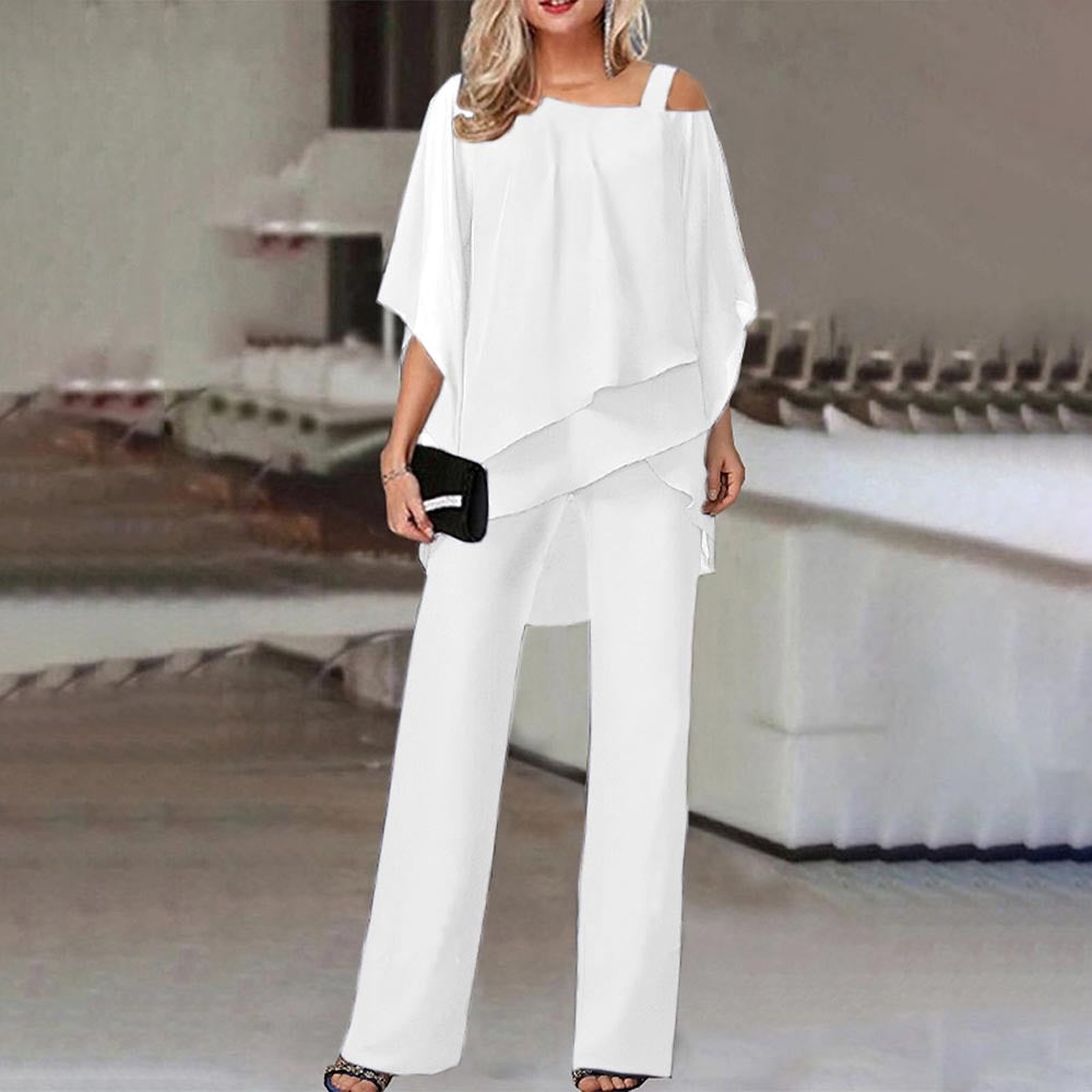 Women's Elegant Two-Piece Set with Cold Shoulder Blouse and Trousers