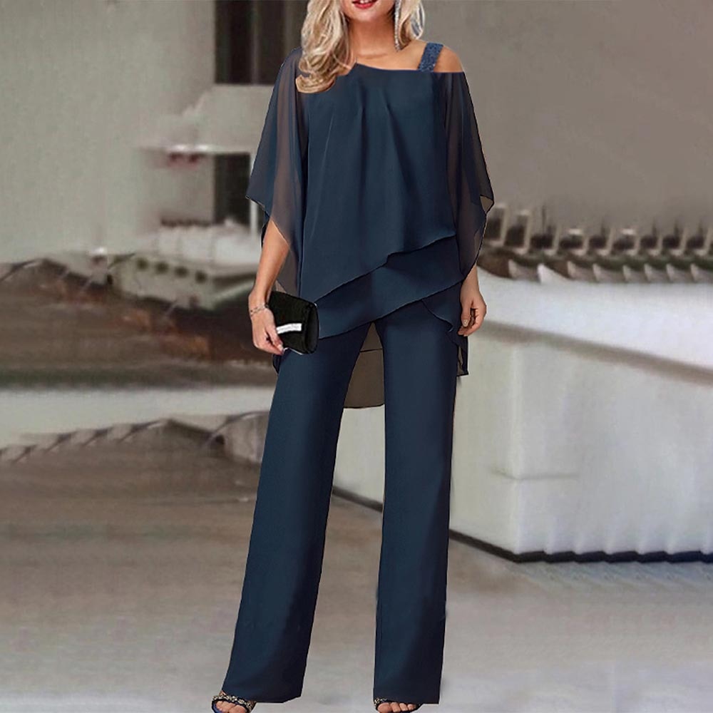 Women's Elegant Two-Piece Set with Cold Shoulder Blouse and Trousers