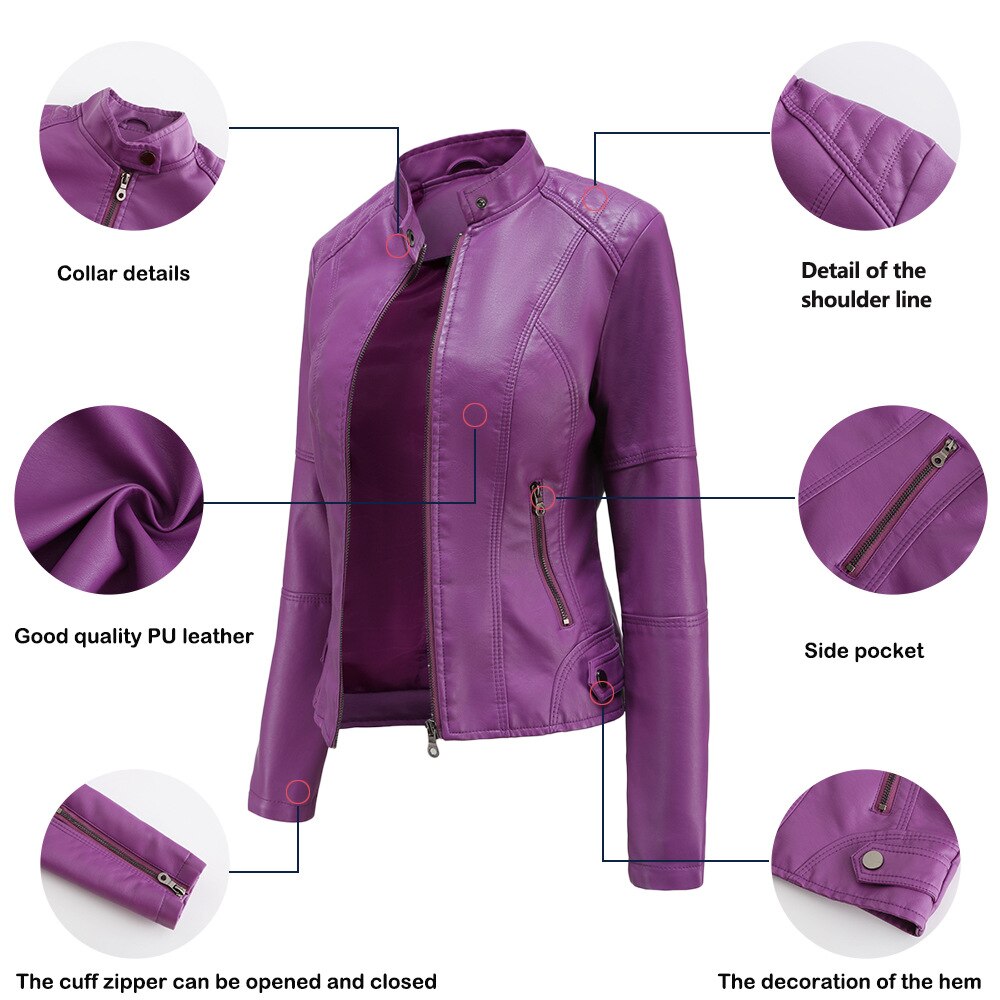 Women's Faux Leather Jacket with Mandarin Collar and Lining