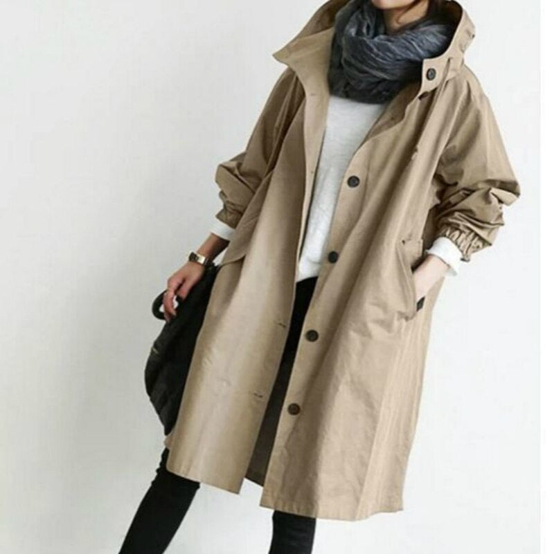 Women's Long Trench Coat with Hood for Spring and Autumn