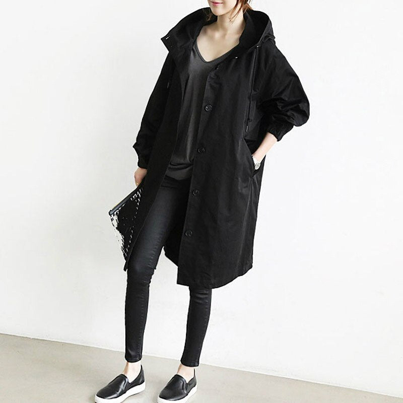 Women's Long Trench Coat with Hood for Spring and Autumn