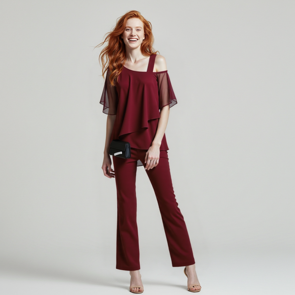 Women's Elegant Two-Piece Set with Cold Shoulder Blouse and Trousers