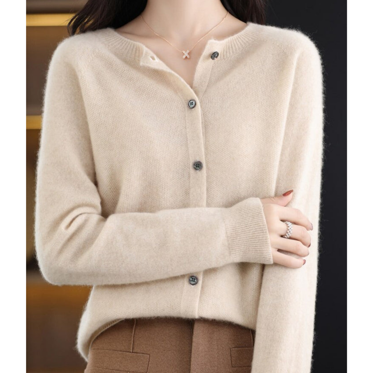 Women's Round-Neck Cardigan with Long Sleeves and Buttons