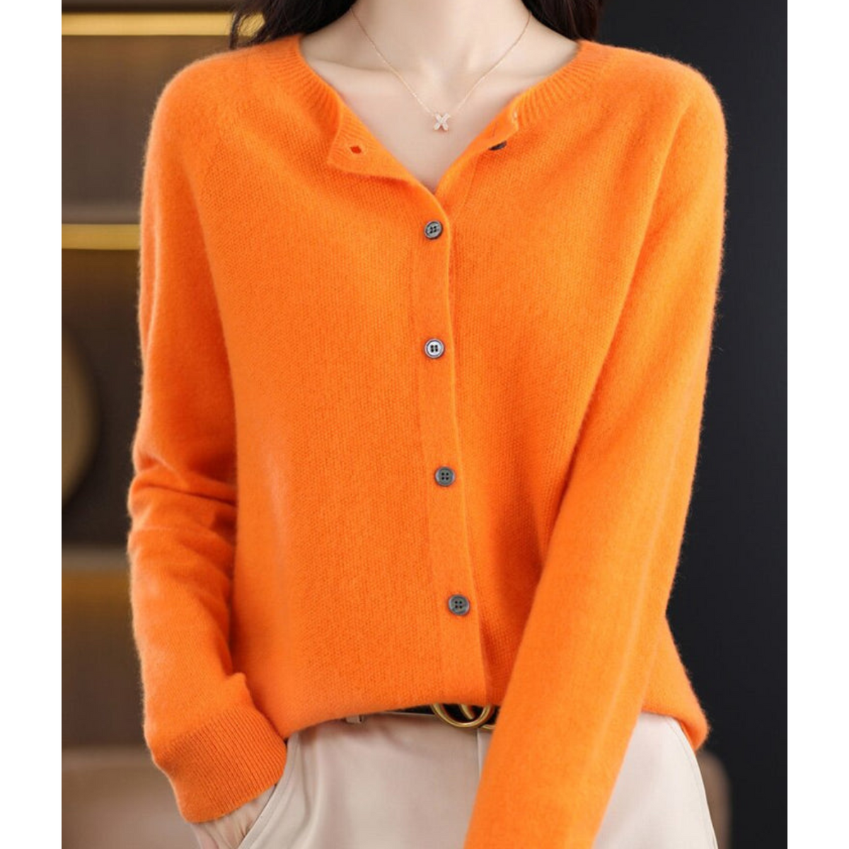 Women's Round-Neck Cardigan with Long Sleeves and Buttons