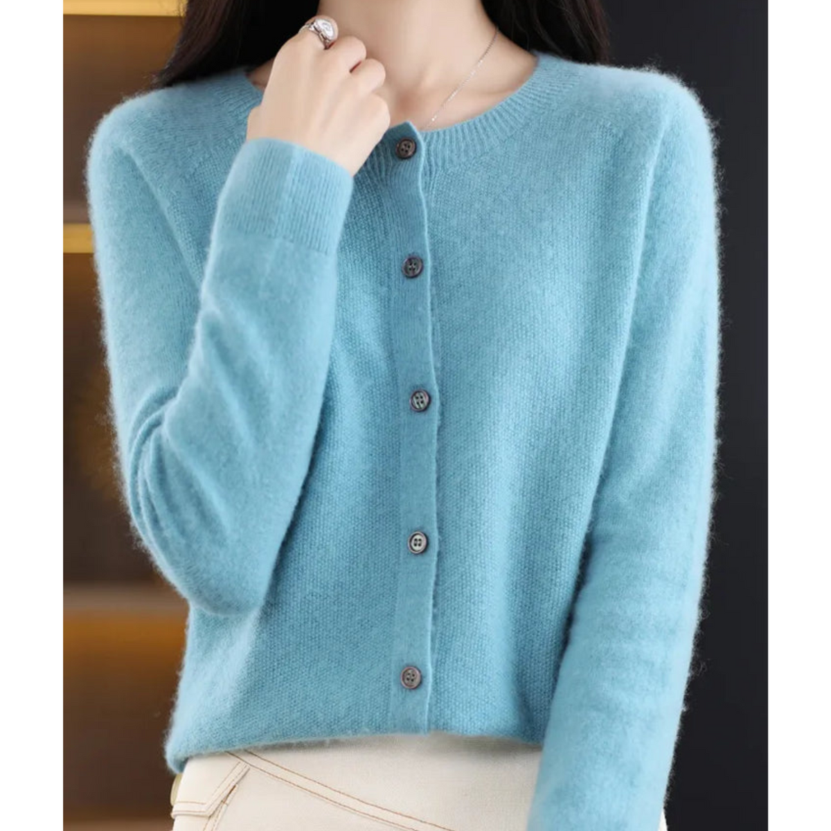 Women's Round-Neck Cardigan with Long Sleeves and Buttons