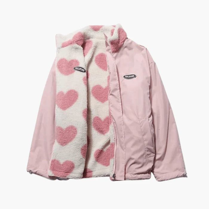Omkeerbare damesjas met hartjespatroon en zachte fleece