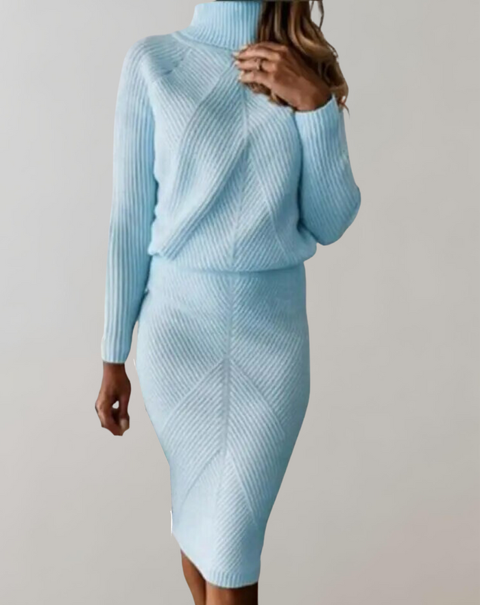 Conjunto de camisola de gola alta de malha e saia justa para mulher