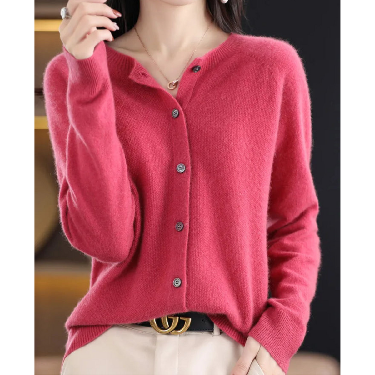 Women's Round-Neck Cardigan with Long Sleeves and Buttons