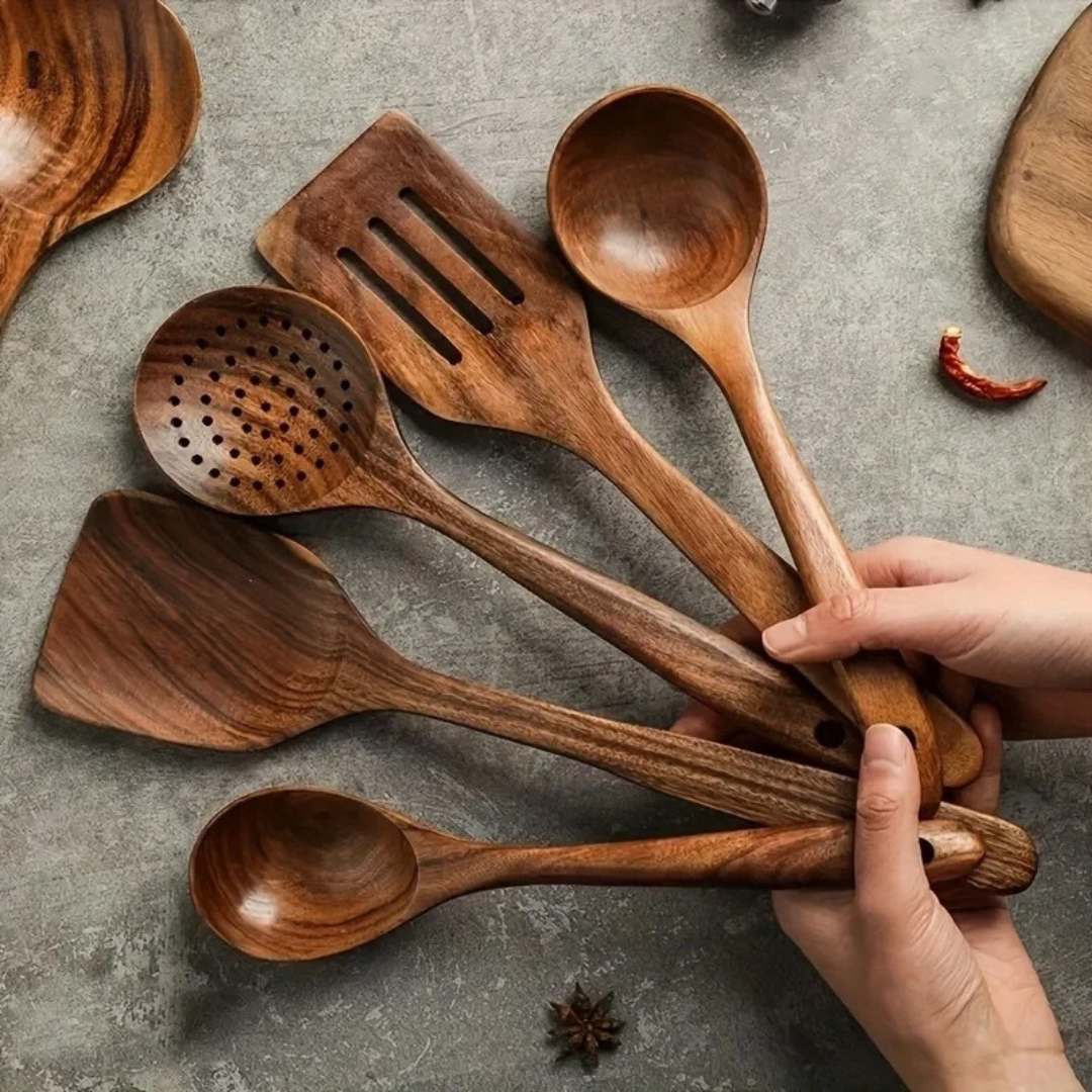 5-Piece Walnut Wooden Kitchen Utensil Set with Rustic Design
