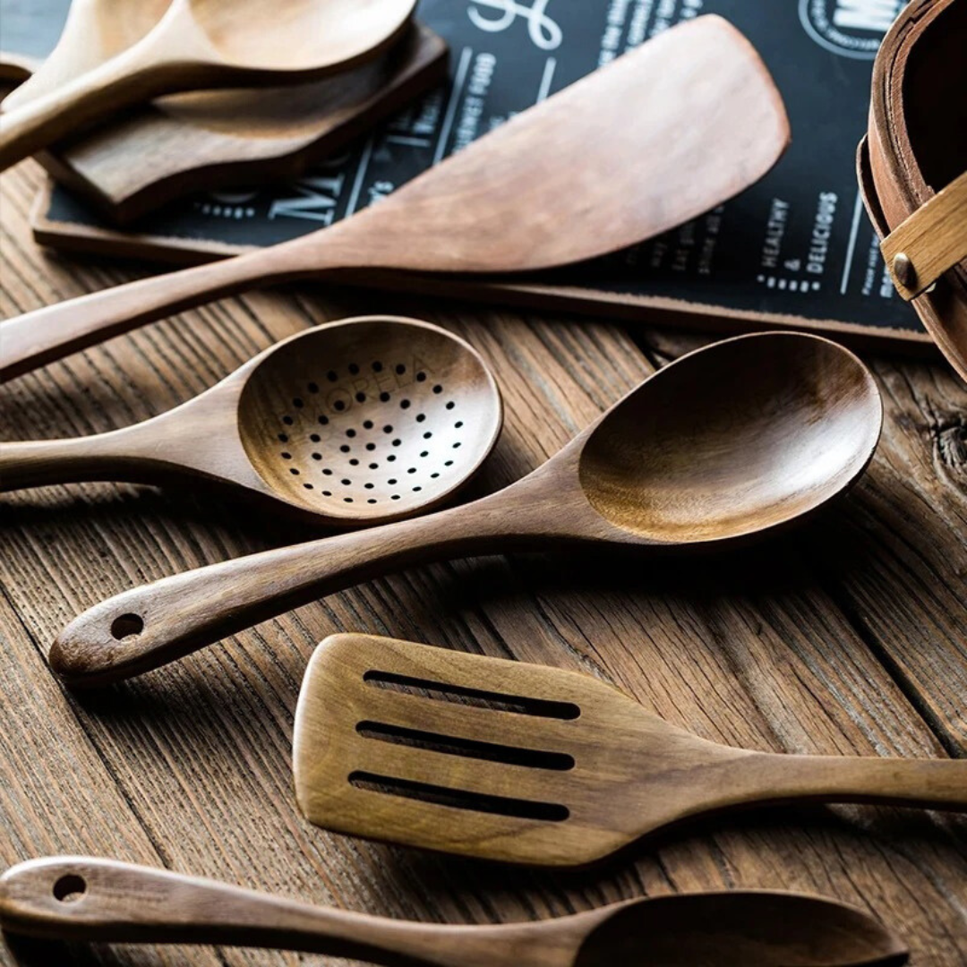 5-Piece Walnut Wooden Kitchen Utensil Set with Rustic Design