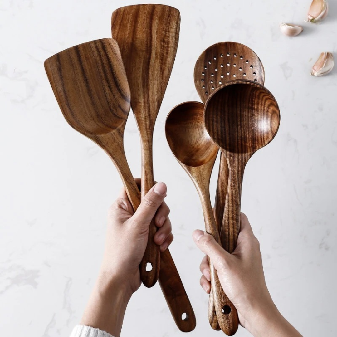 5-Piece Walnut Wooden Kitchen Utensil Set with Rustic Design