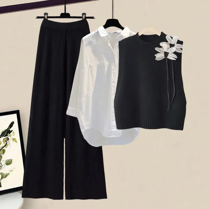 Completo in maglia da donna 3 pezzi con camicia, gilet e pantaloni