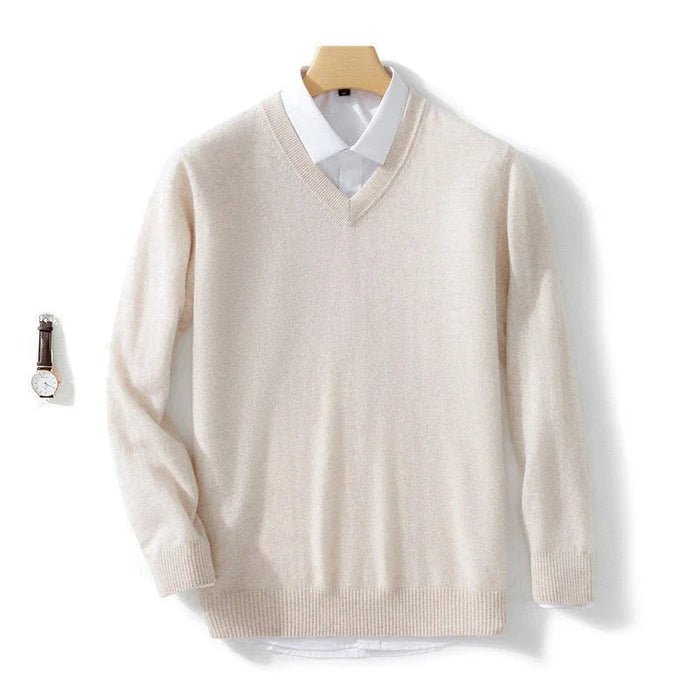 Camisola de malha de decote em V para homem, estilo de sobreposição