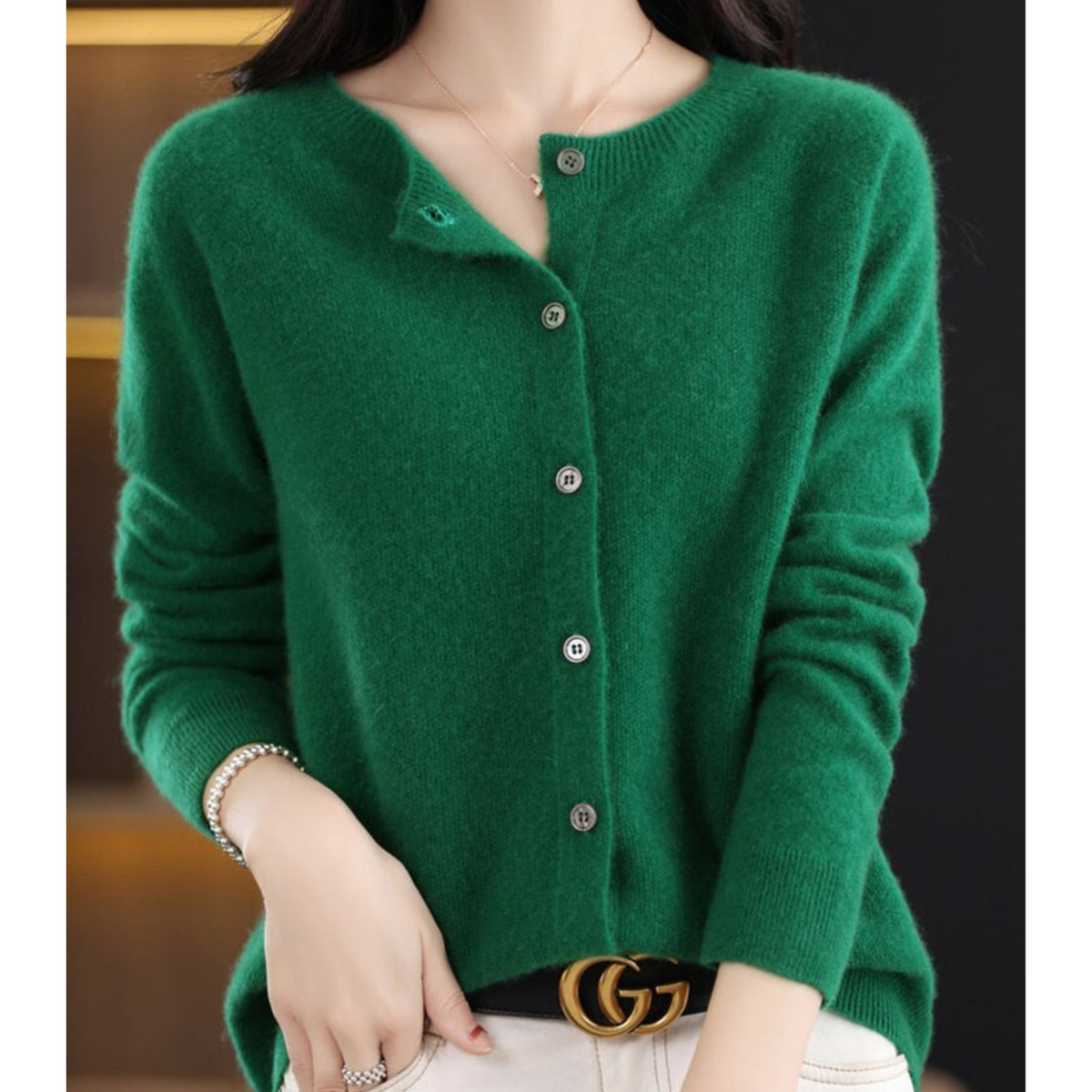 Women's Round-Neck Cardigan with Long Sleeves and Buttons