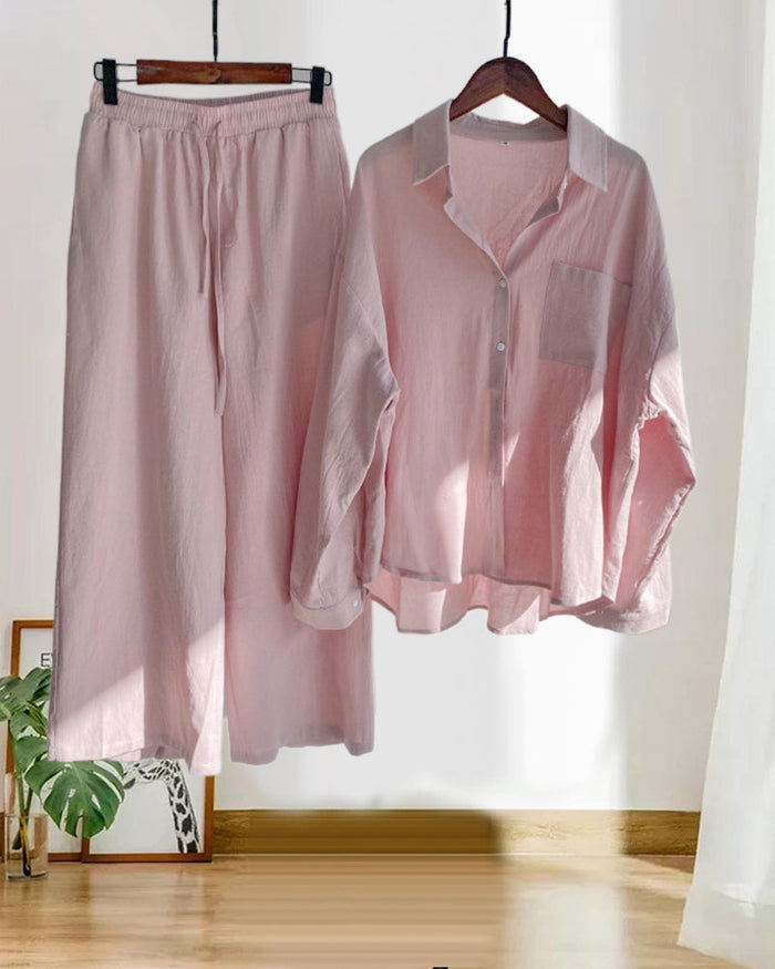 Pijama de dos piezas para mujer con camisa abotonada y pantalón de pierna ancha