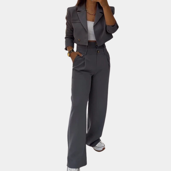 Conjunto informal para mujer de blazer corto y pantalón de pierna ancha