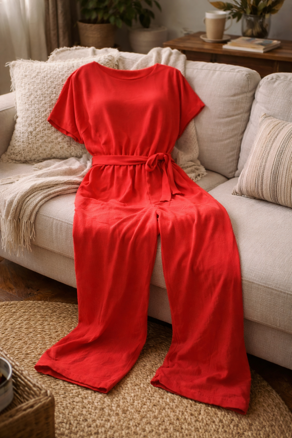 Women's Wide Leg Jumpsuit with Short Sleeves and Tie Belt