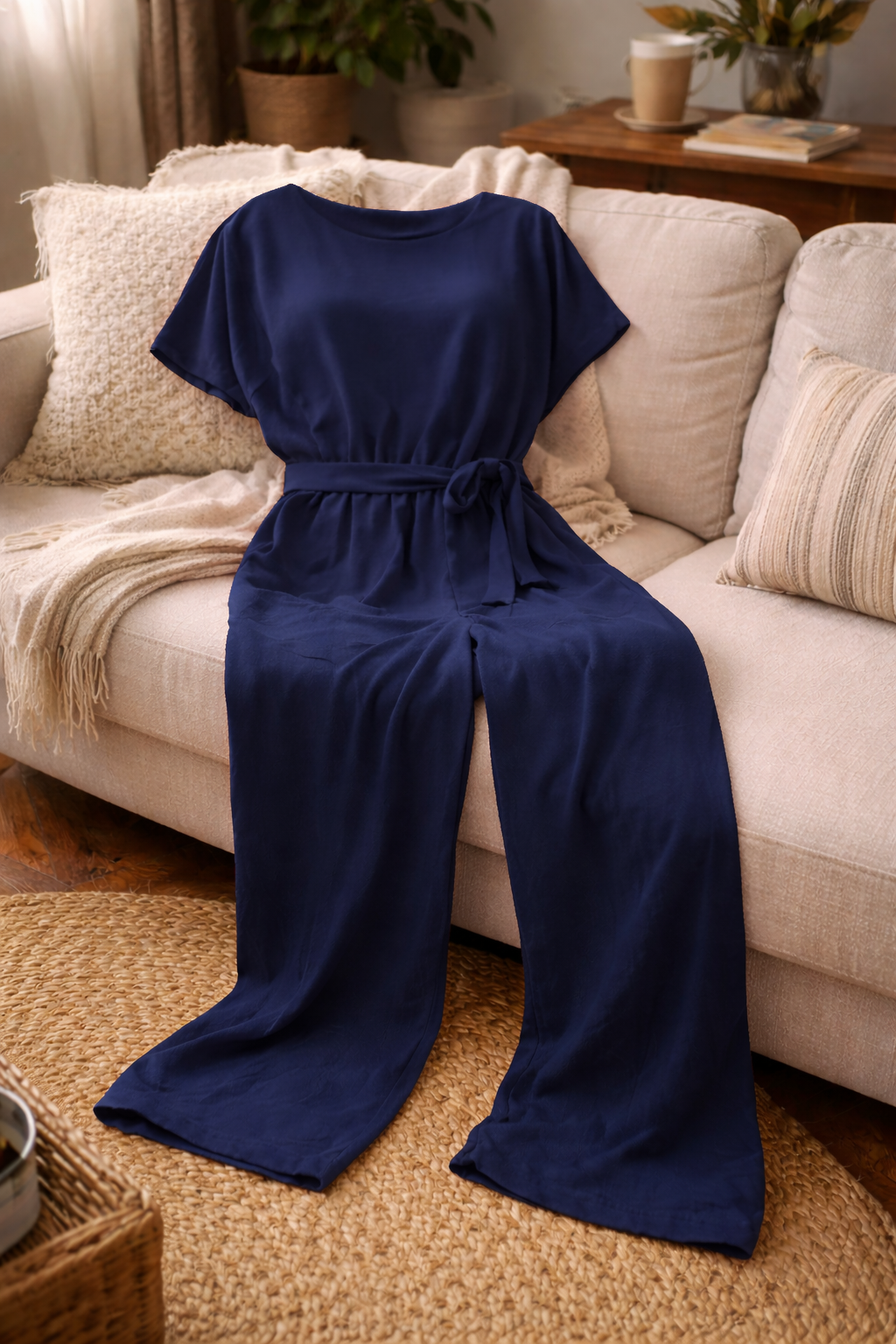 Women's Wide Leg Jumpsuit with Short Sleeves and Tie Belt