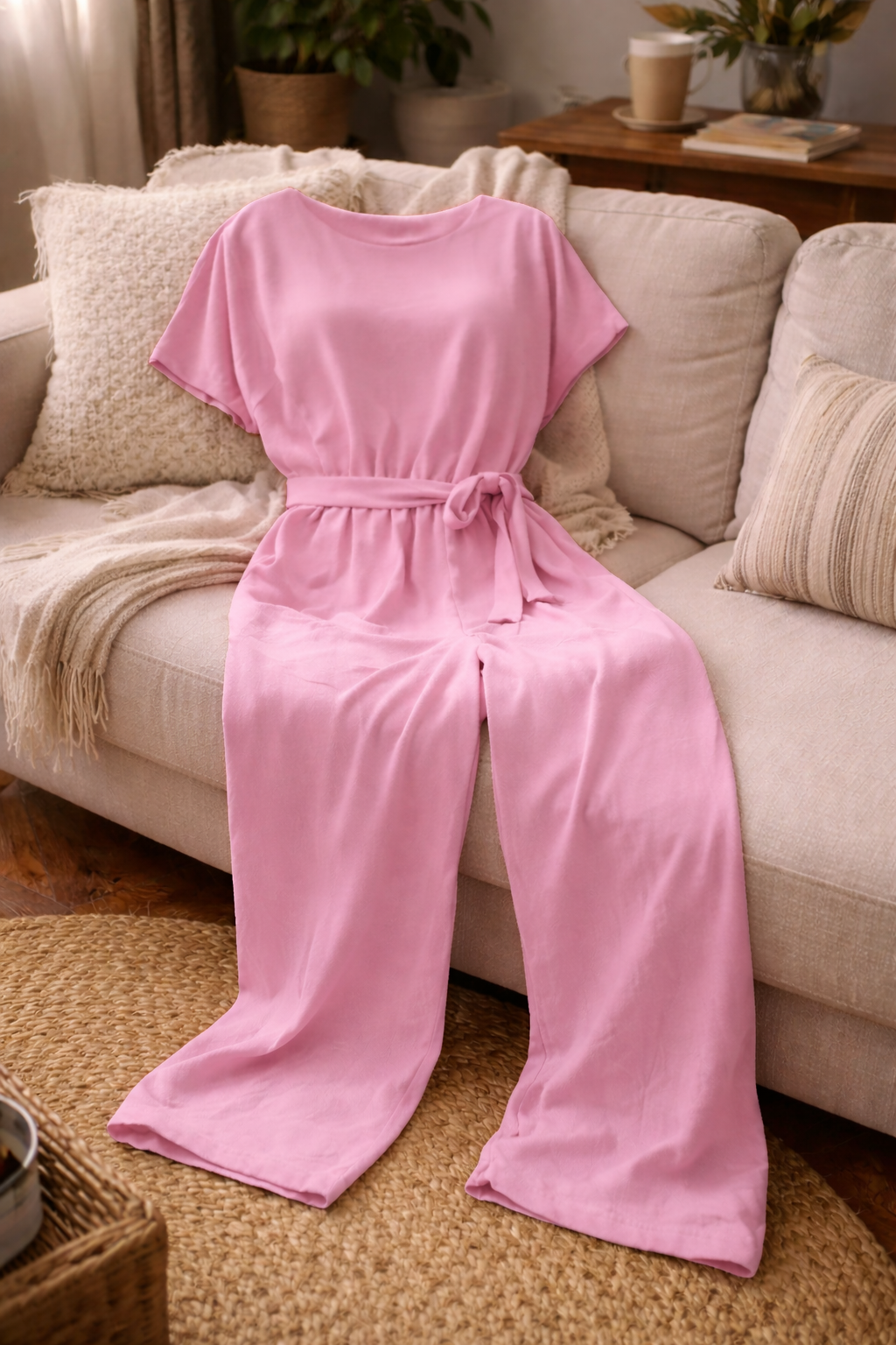 Women's Wide Leg Jumpsuit with Short Sleeves and Tie Belt