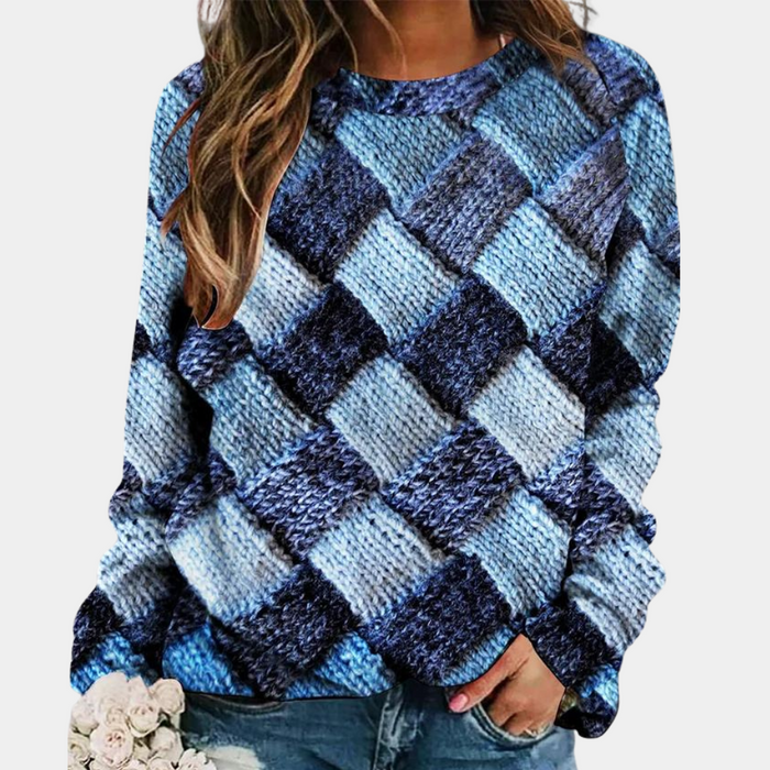 Maglione lavorato a maglia da donna patchwork con girocollo e maniche lunghe