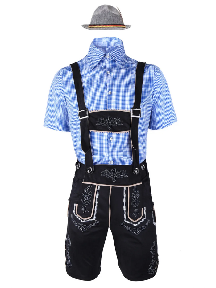 Costume da uomo per l'Oktoberfest con pantaloni in pelle, camicia e bretelle