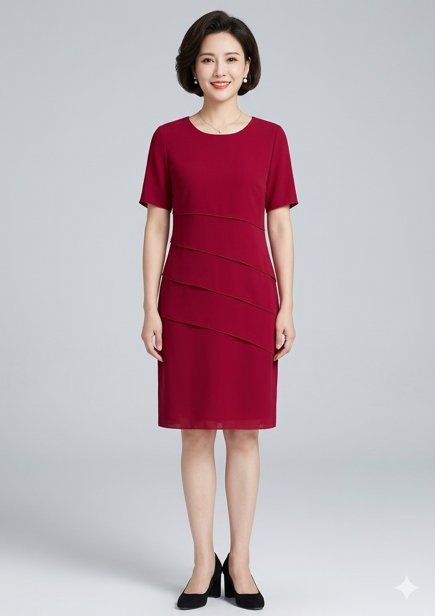Women's Chiffon Dress with Tiered Front and Short Sleeves
