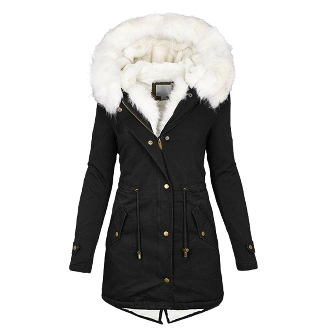 Women's Hooded Winter Jacket with Fleece Lining and Button Detail