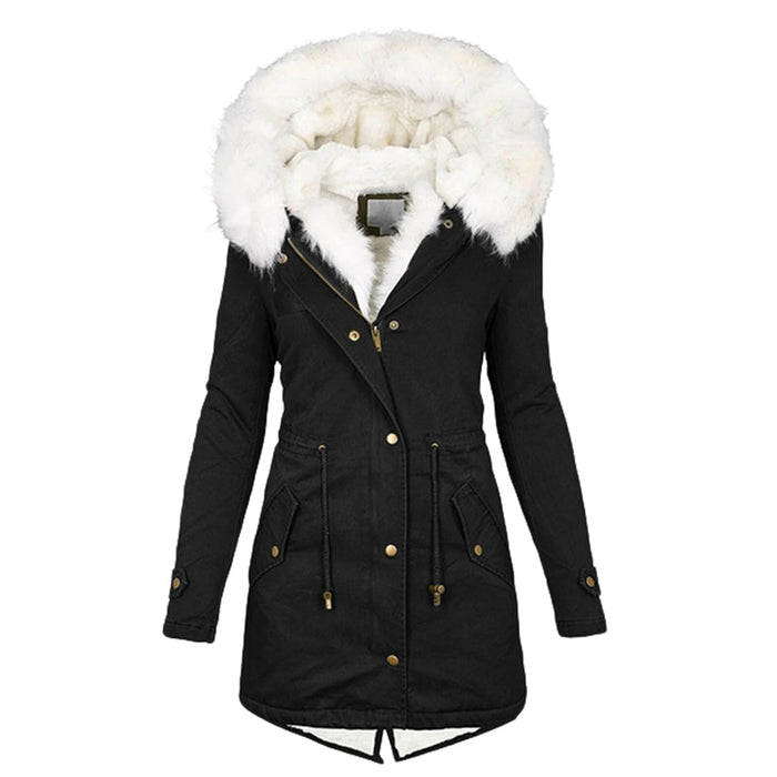 Women's Hooded Winter Jacket with Fleece Lining and Button Detail