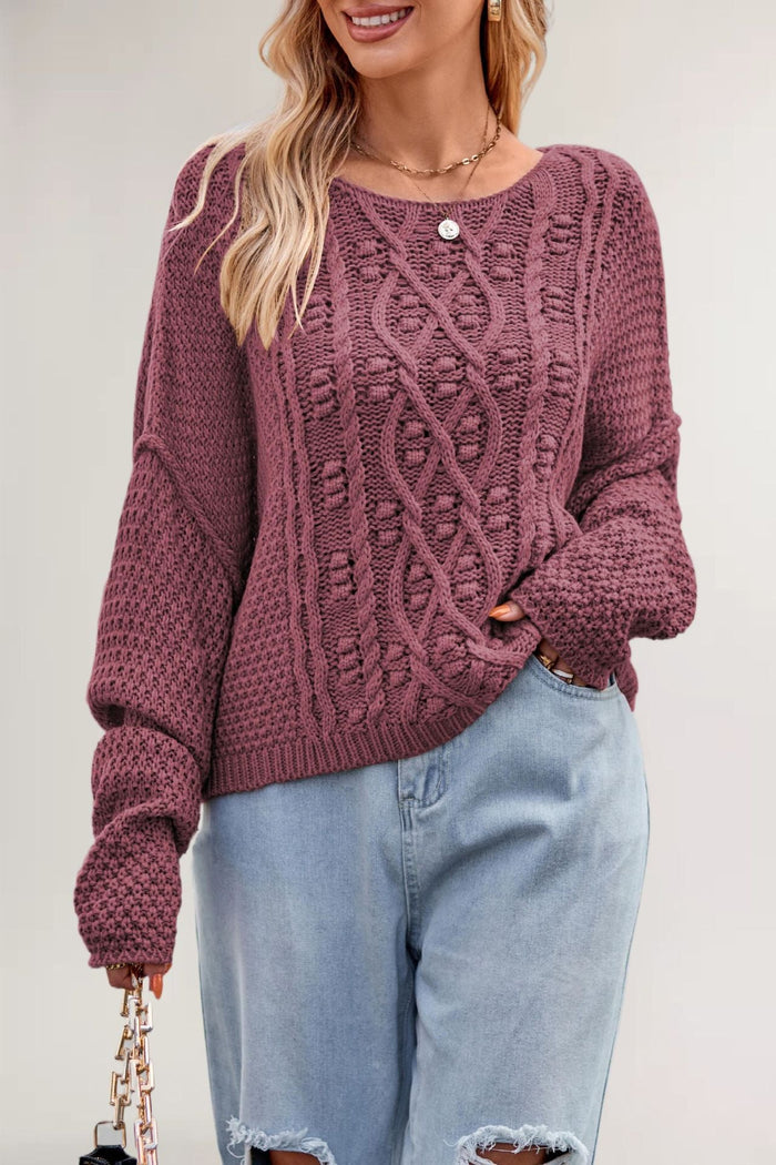 Women's Cable Knit Jumper with Crew Neck and Relaxed Fit