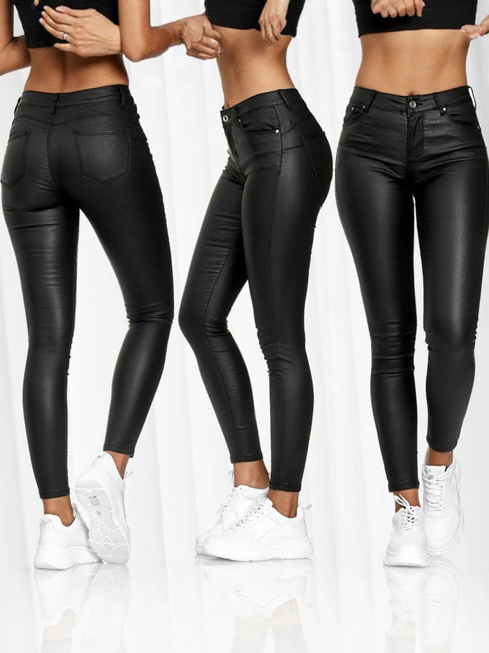 Pantaloni skinny da donna effetto pelle con dettaglio di cerniera