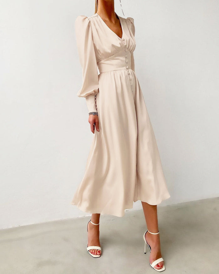 Damen-Midikleid mit Knopfleiste und Puffärmeln