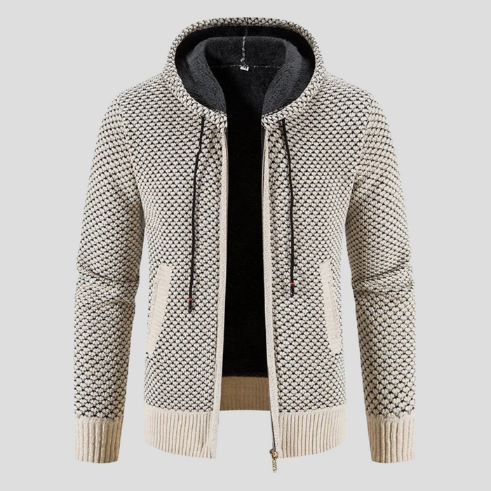 Cardigan da uomo con cerniera frontale, cappuccio e polsini a coste