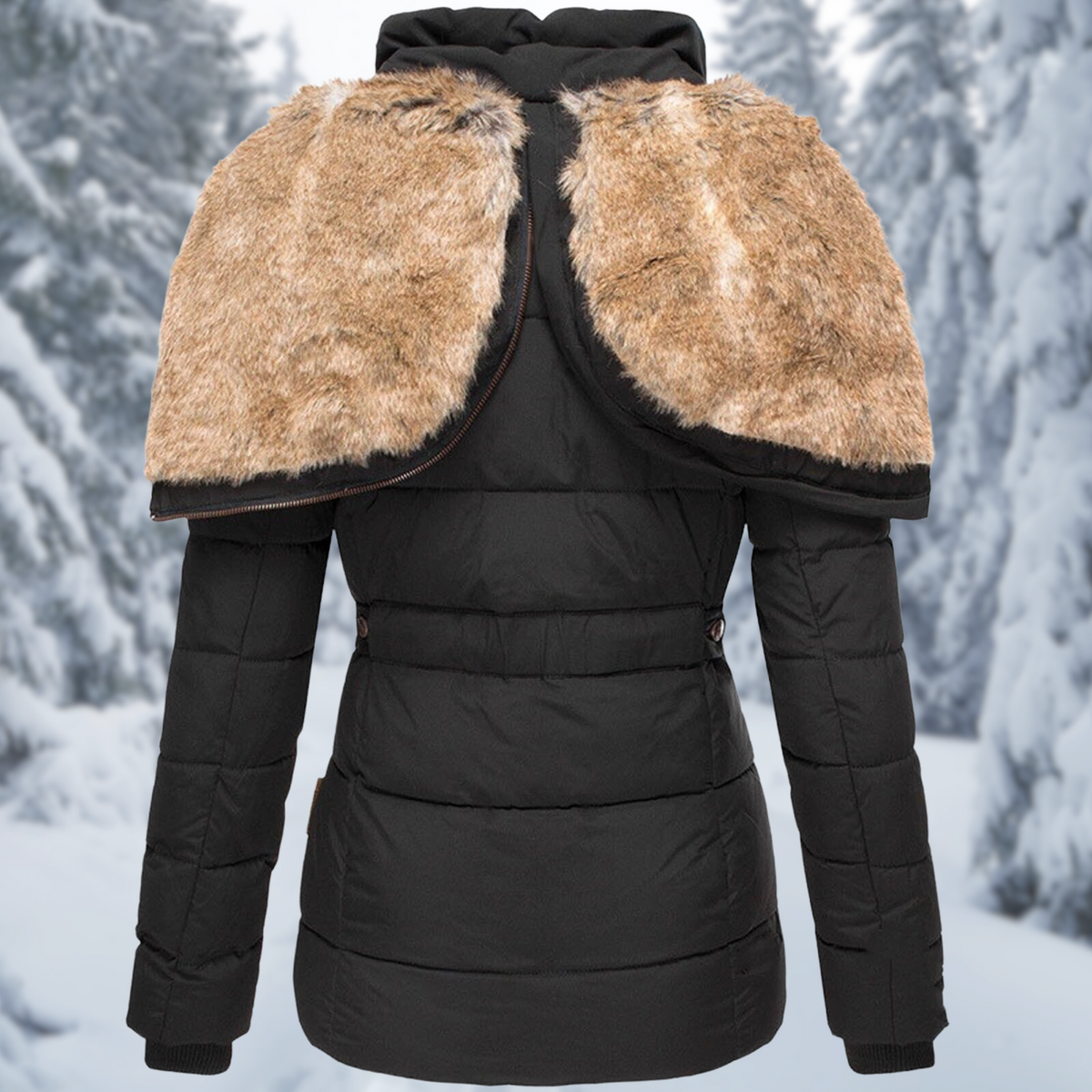Women's Elegant Winter Jacket with Fluffy Hood and Warm Lining