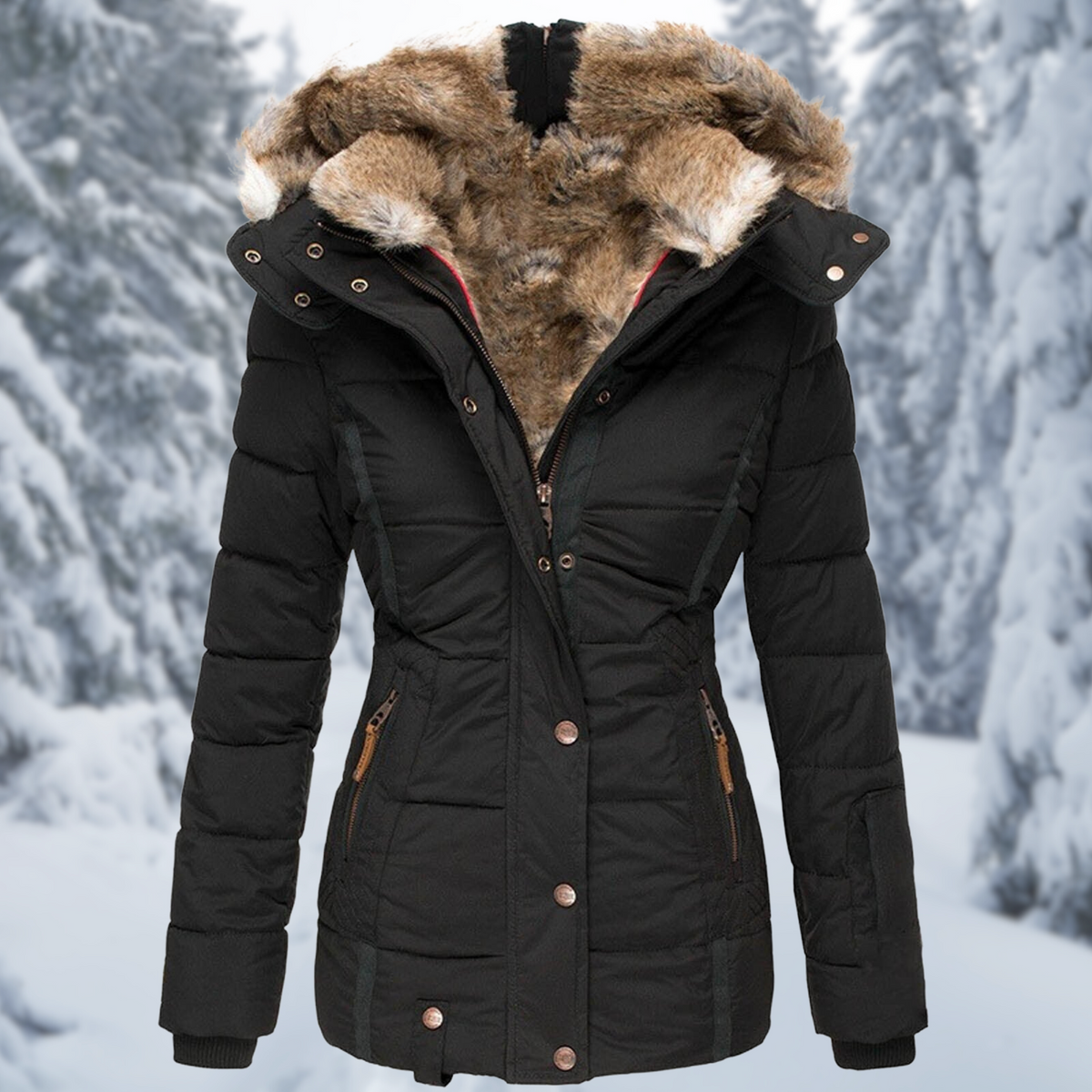 Women's Elegant Winter Jacket with Fluffy Hood and Warm Lining