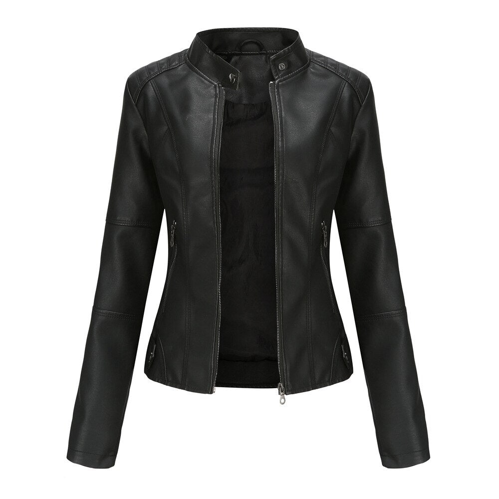 Women's Faux Leather Jacket with Mandarin Collar and Lining