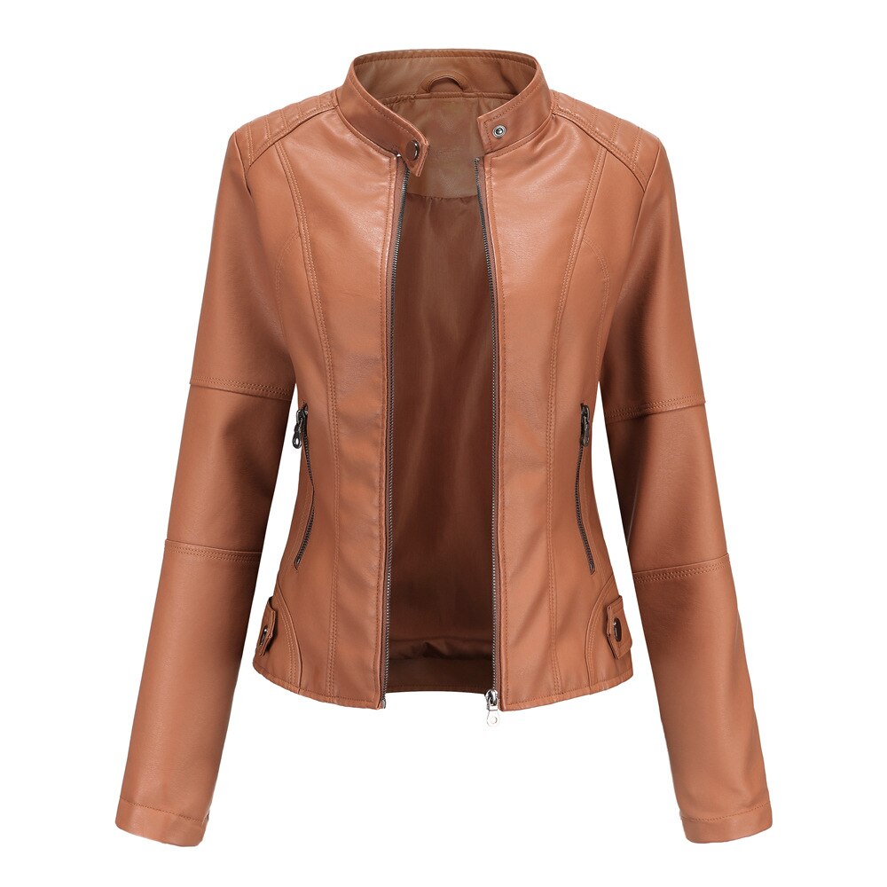 Women's Faux Leather Jacket with Mandarin Collar and Lining