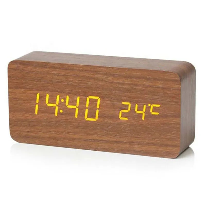 Wood-Look Digital LED Alarm Clock with Temperature Display