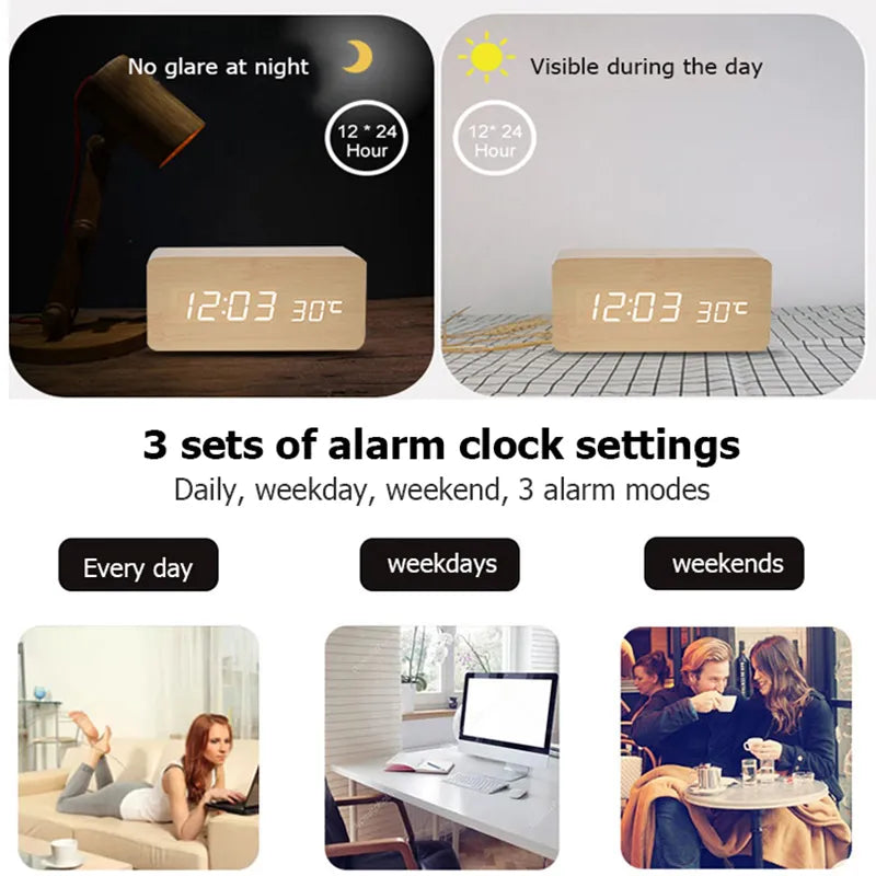 Wood-Look Digital LED Alarm Clock with Temperature Display